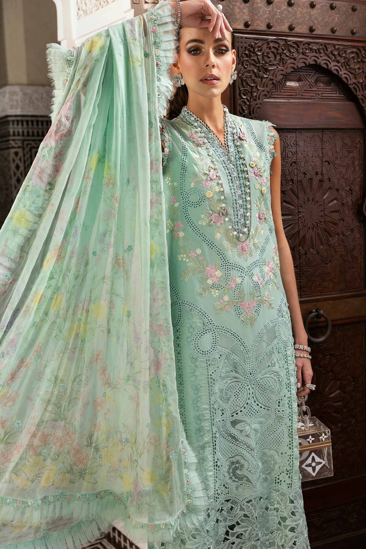 Maria.b | Luxury Lawn | Aqua | Unstitched | Embroidered Net Suit | 3 Piece - Image 2