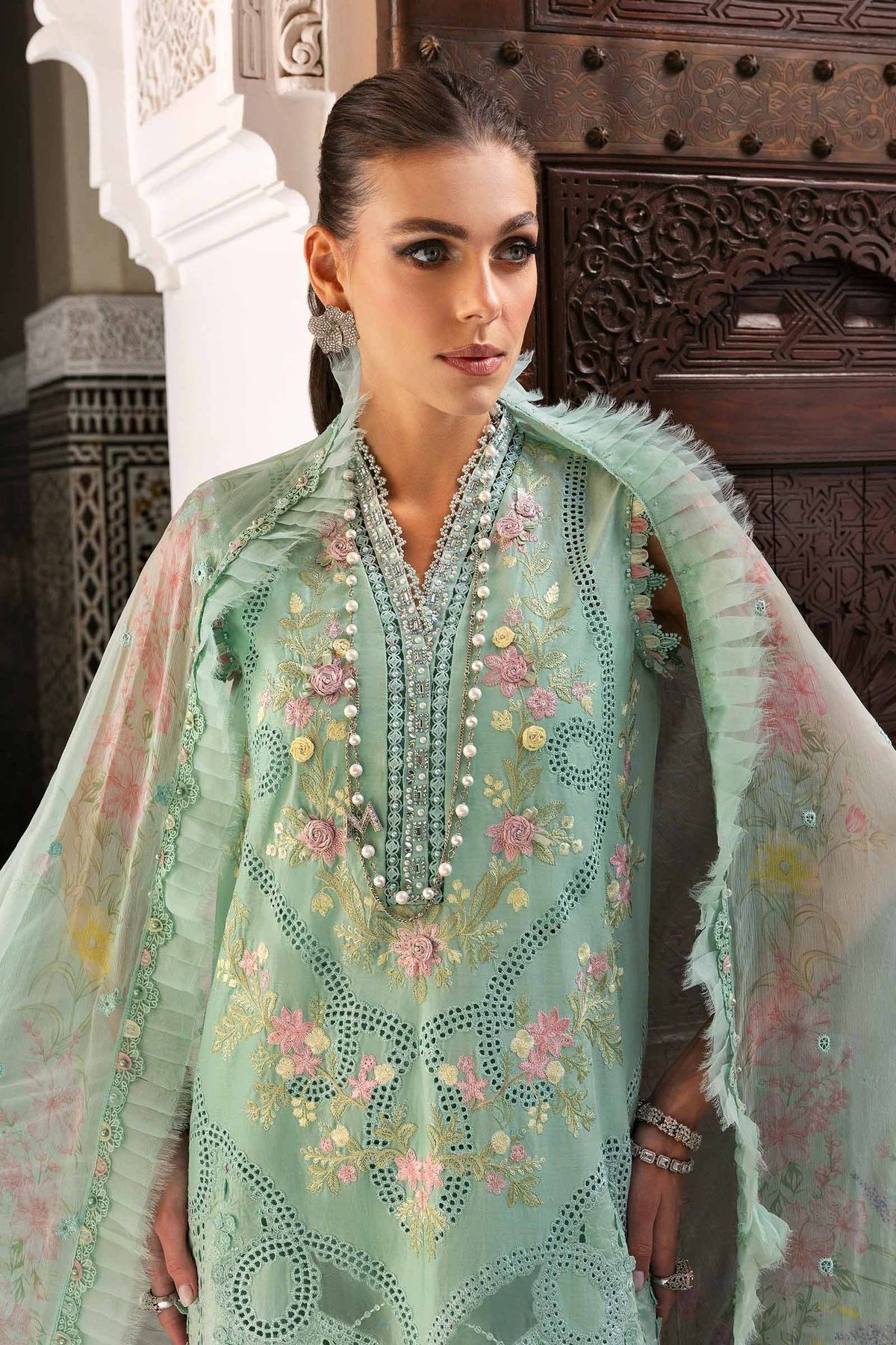 Maria.b | Luxury Lawn | Aqua | Unstitched | Embroidered Net Suit | 3 Piece - Image 3