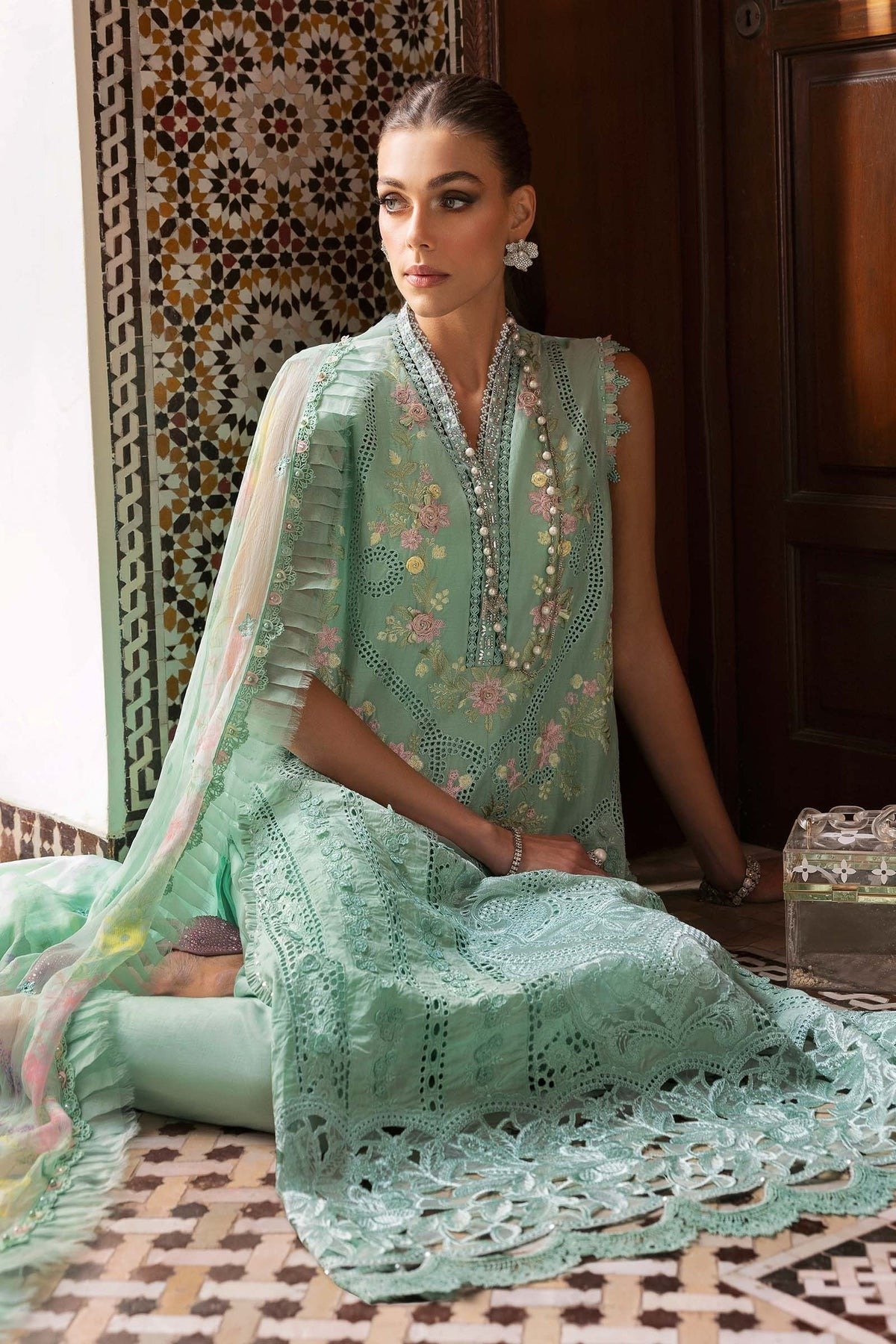 Maria.b | Luxury Lawn | Aqua | Unstitched | Embroidered Net Suit | 3 Piece - Image 4