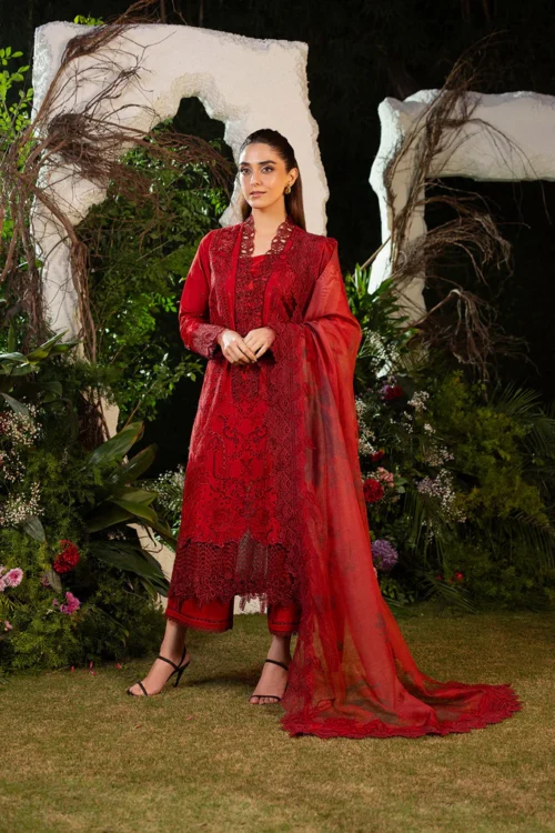 Sobia Nazir | Luxury Lawn 2025 | Red | Unstitched | Festive Wear | Design 3A | 3pc set.