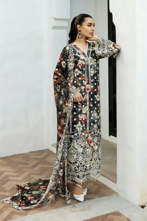 Zainab Chottani Chikankari 25 | Floral Print Black | Unstitched | Festive wear| Reeya - 10A | 3 pc set.