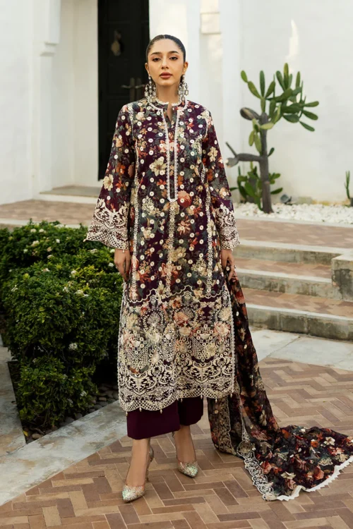 Zainab Chottani Chikankari 25 | Floral Print Purple | Unstitched | Festive wear| Reeya - 10B | 3 pc set.