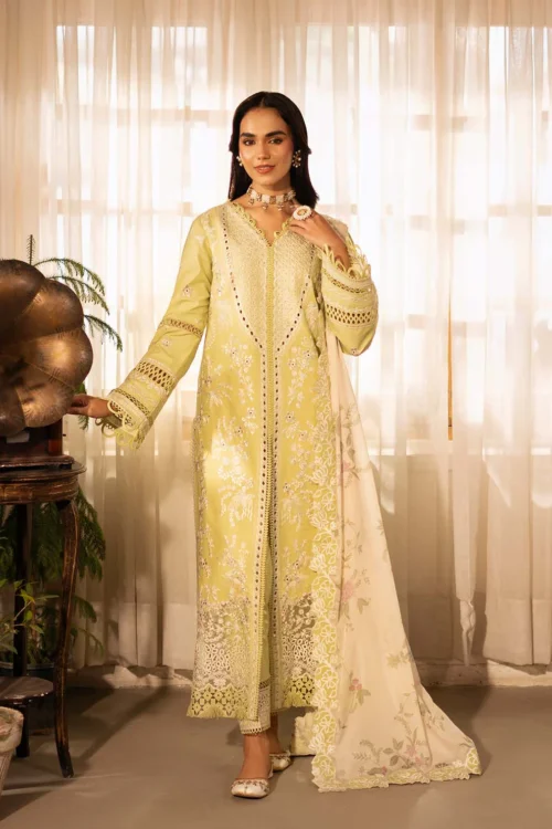 Zarposh D02 'Lime Yellow' Sajni Lawn Edit '25 | Unstitched Festive Wear - Gulnaz | 3pc set.