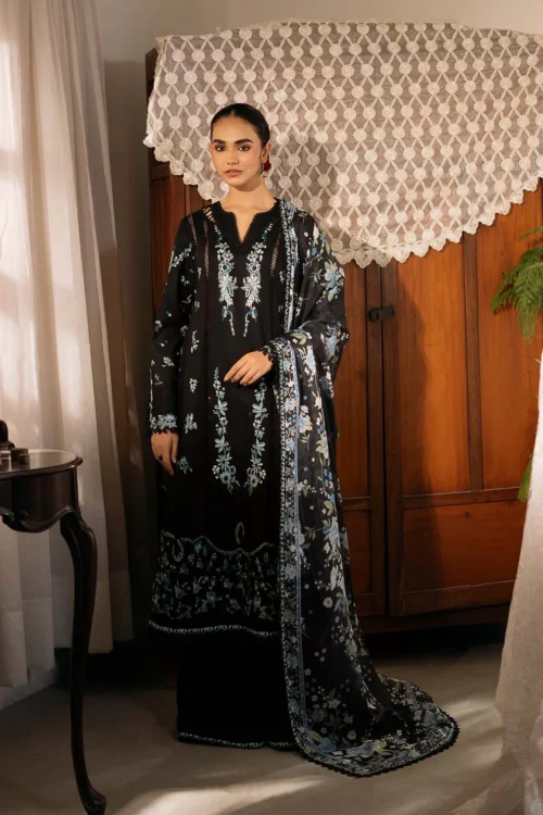 Zarposh D06 'Black' Sajni Lawn Edit '25 Unstitched Festive wear - Mahzadi | 3pc set.