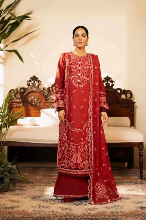 Zarposh D07 'Red' Sajni Lawn Edit '25 Unstitched Festive Wear - Noorjah | 3pc set.