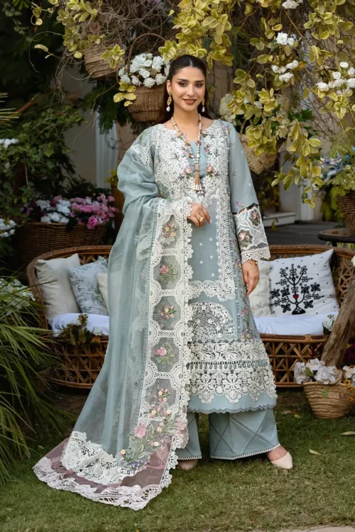 ELAF Luxury Lawn 2025 "Sky Blue" – Premium Formal Lawn 3-Piece Apparel | Samaa ELM-3B