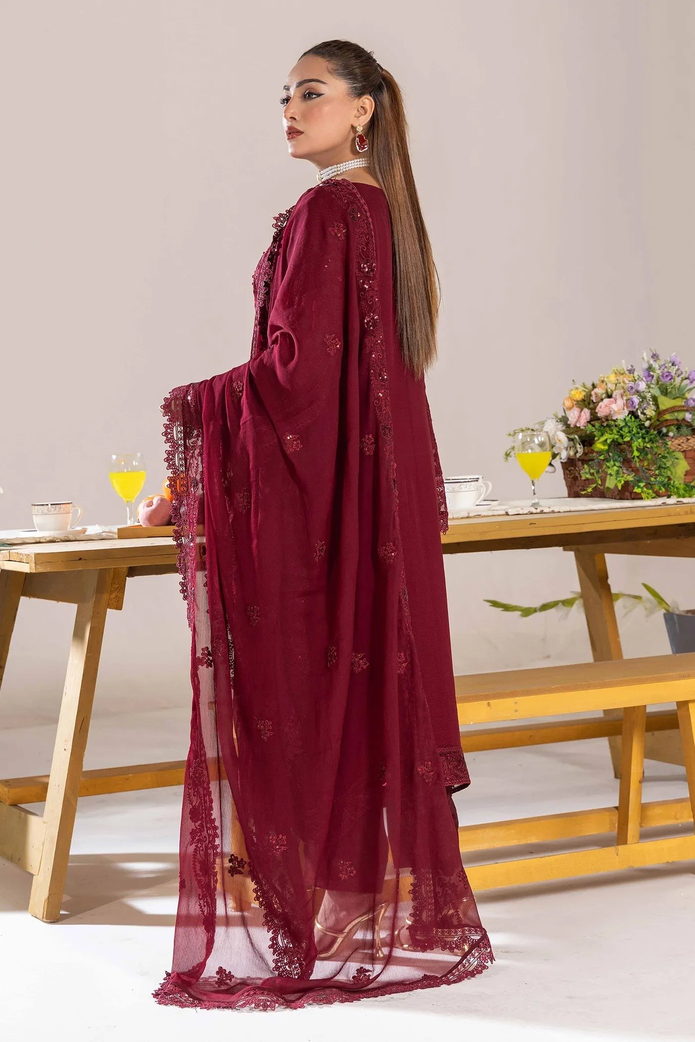 Adan's Libas Zoya By Jasmin Chiffon vol-4 "Maroon" Stitched Suits | 3ps Set - Image 2