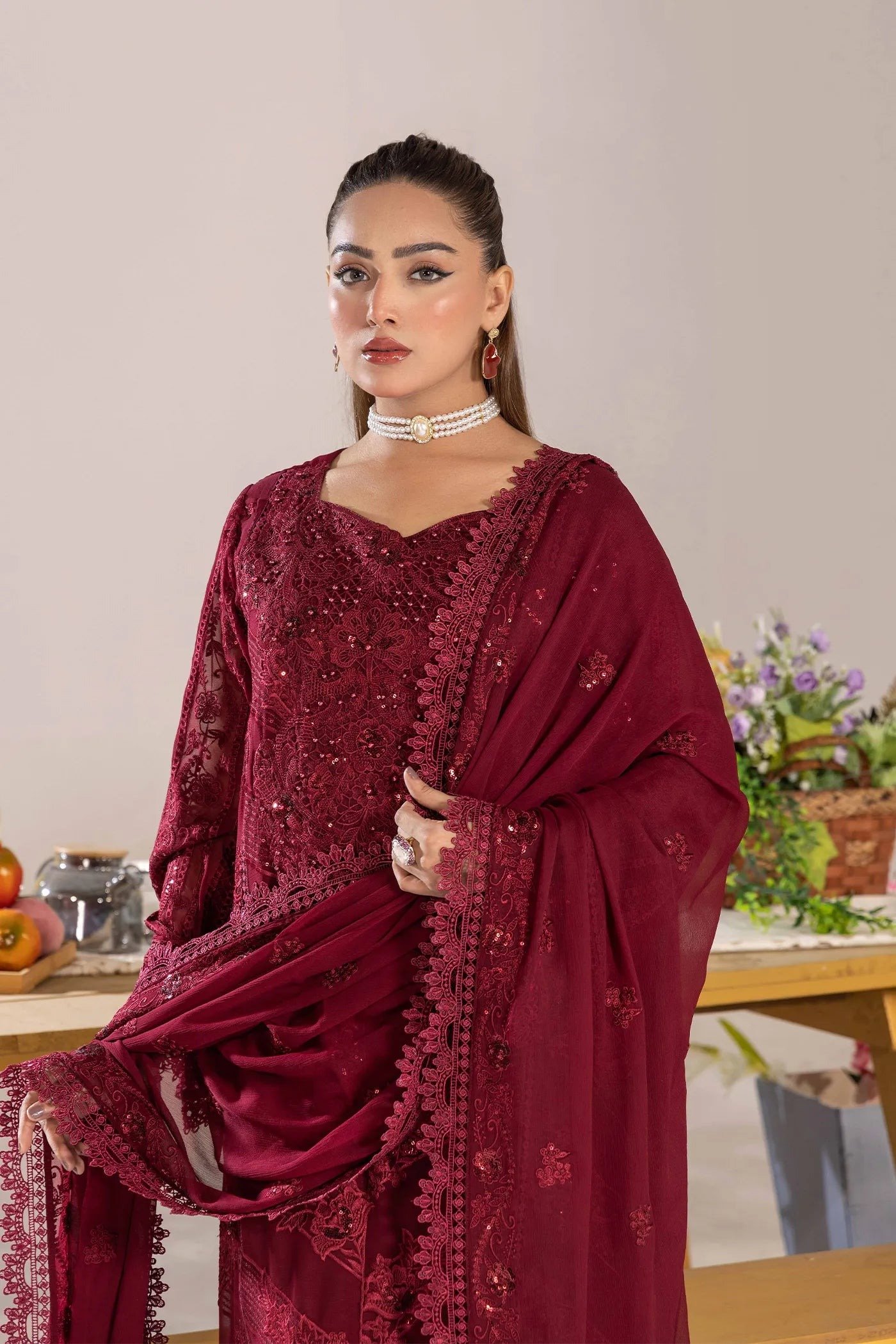Adan's Libas Zoya By Jasmin Chiffon vol-4 "Maroon" Stitched Suits | 3ps Set - Image 3