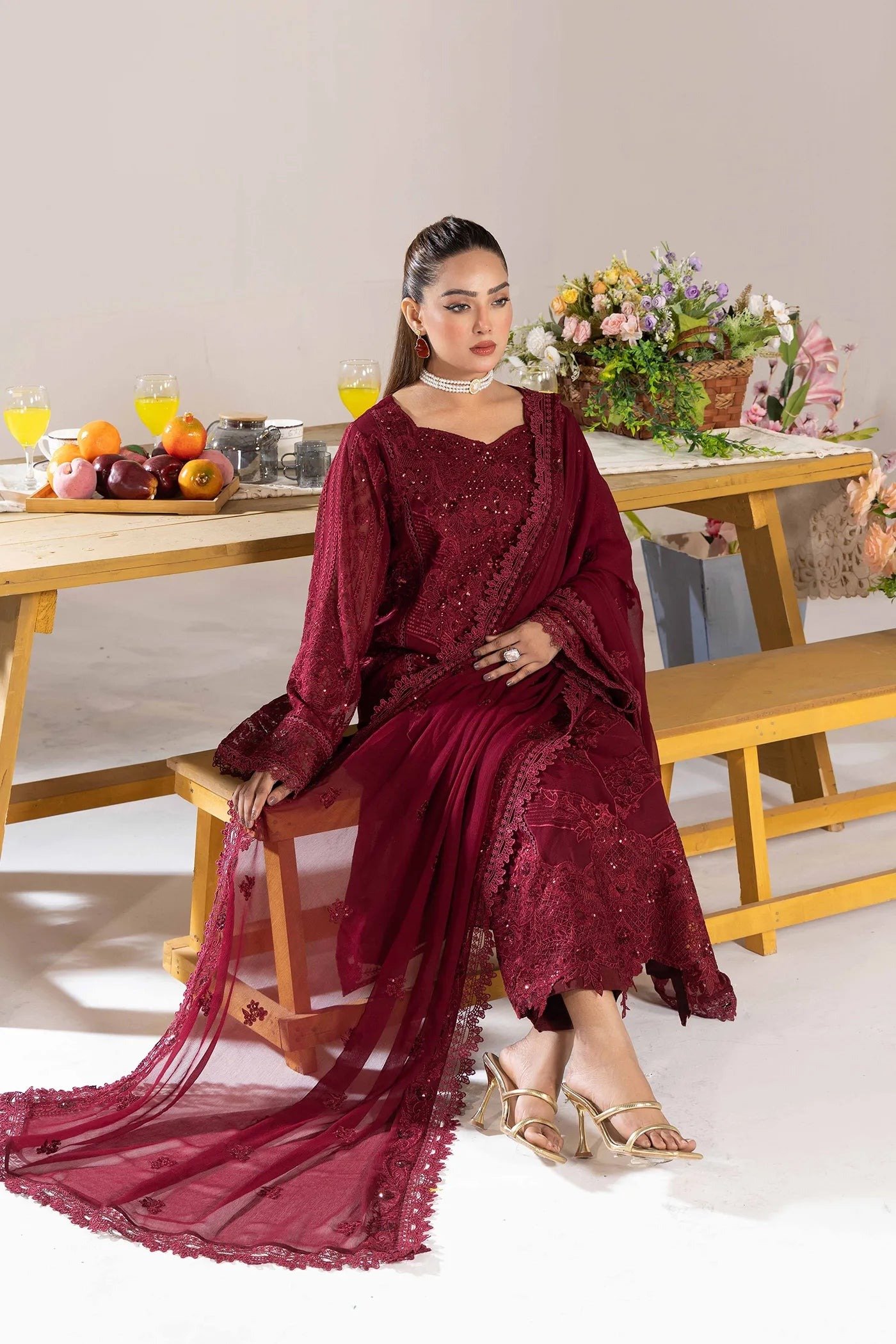 Adan's Libas Zoya By Jasmin Chiffon vol-4 "Maroon" Stitched Suits | 3ps Set - Image 4