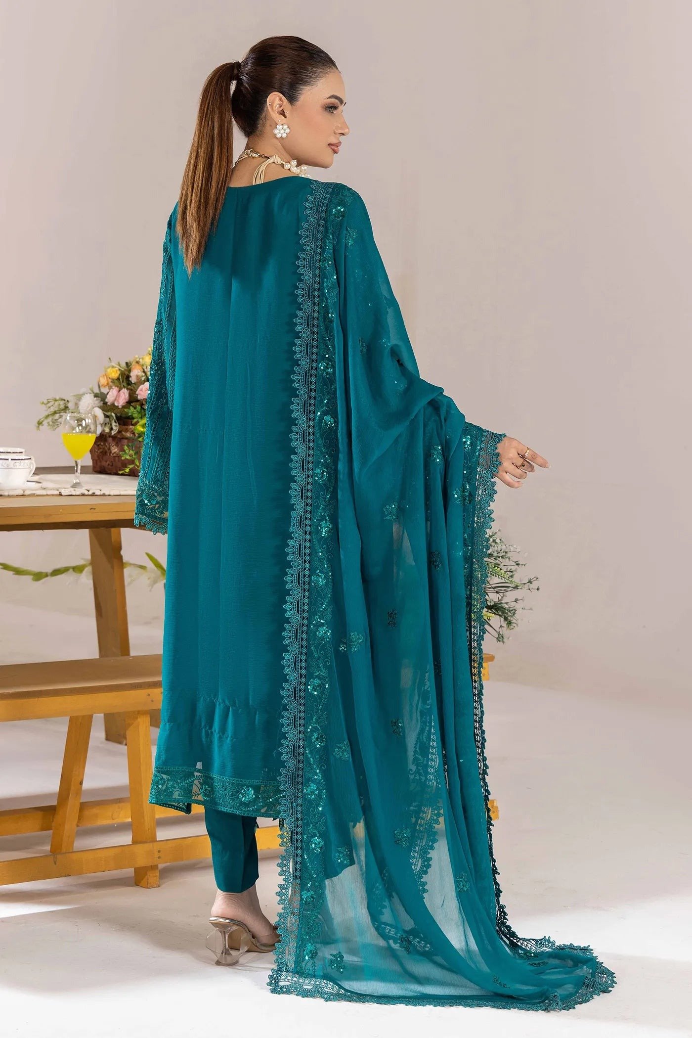Adan's Libas Zoya By Jasmin Chiffon vol-4 "Tiffany Blue" Stitched Suits | 3ps Set - Image 2