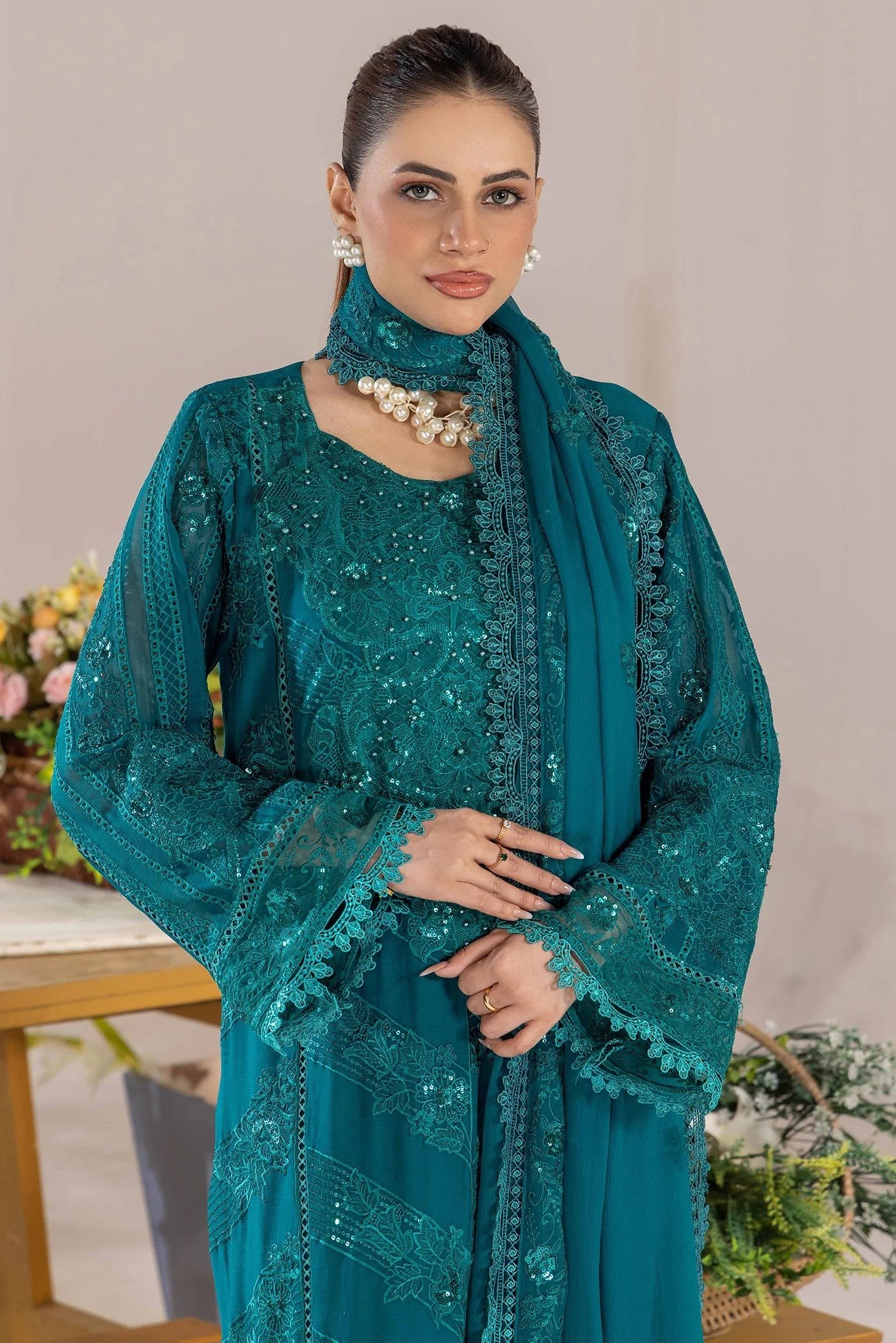 Adan's Libas Zoya By Jasmin Chiffon vol-4 "Tiffany Blue" Stitched Suits | 3ps Set - Image 3