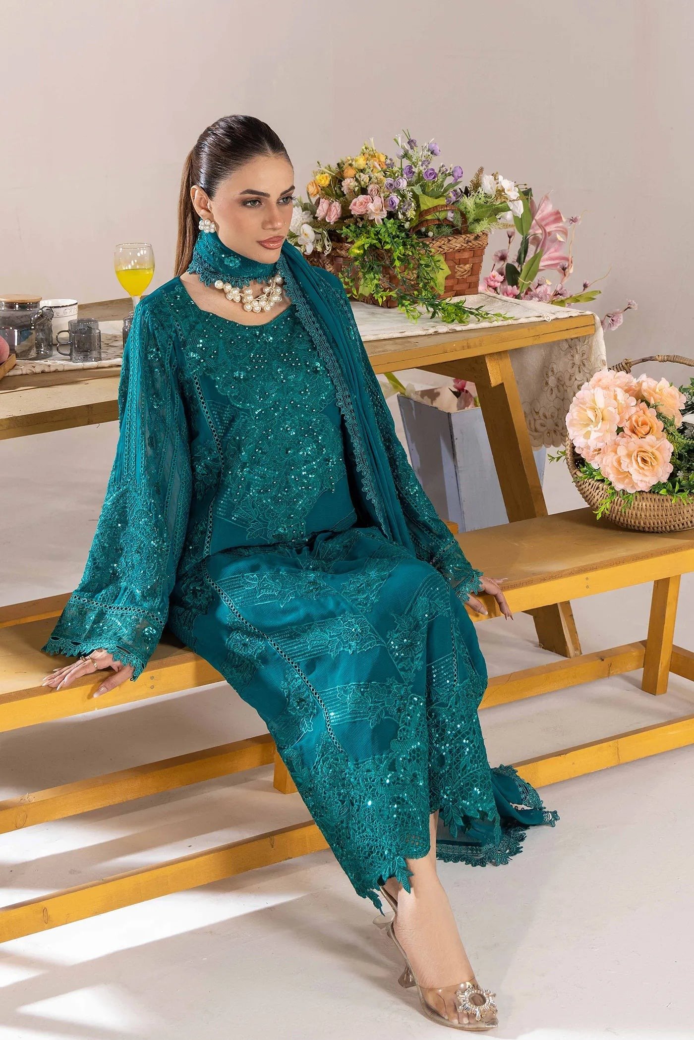 Adan's Libas Zoya By Jasmin Chiffon vol-4 "Tiffany Blue" Stitched Suits | 3ps Set - Image 4