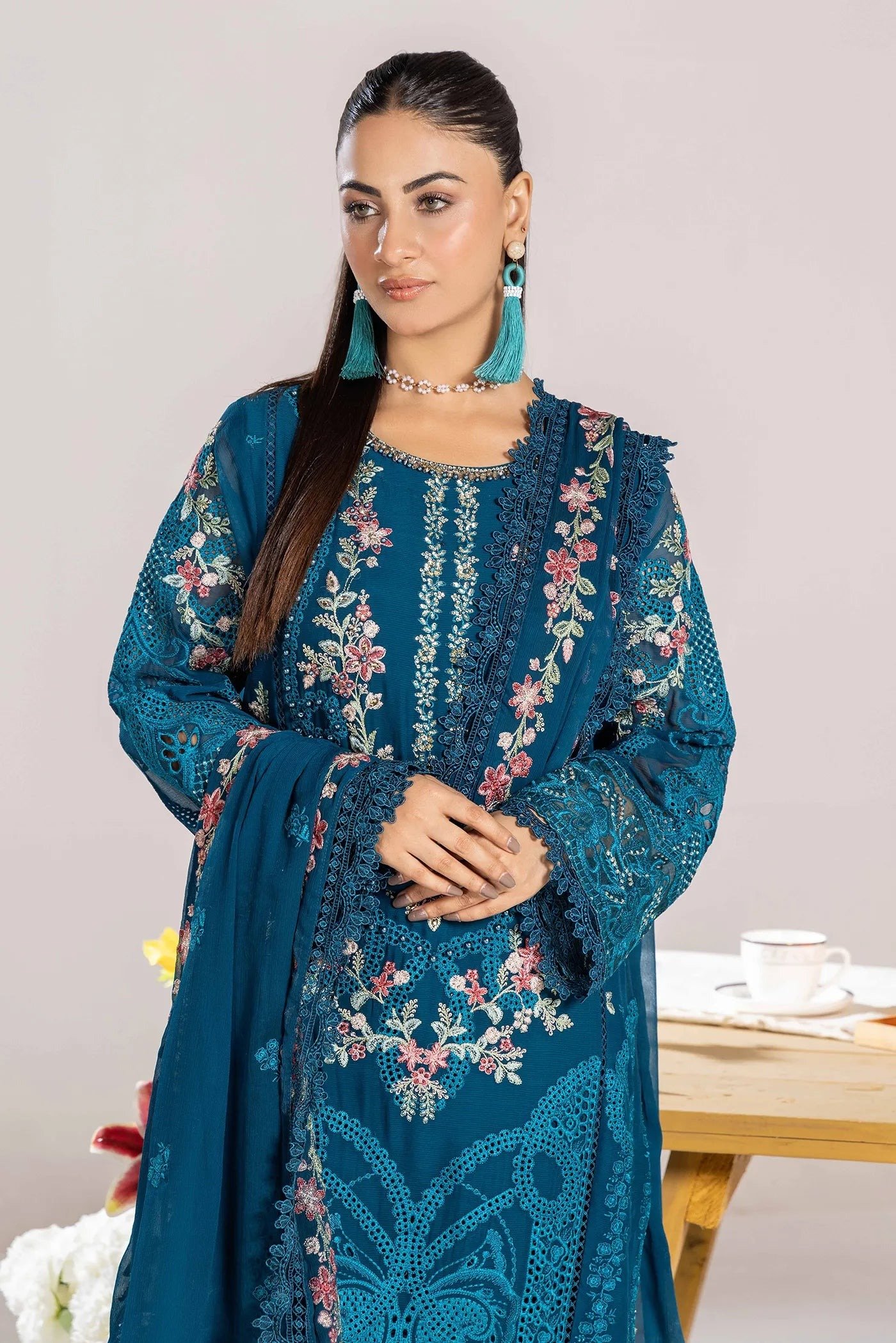 Adan's Libas Zoya By Jasmin Chiffon vol-3 "Blue" Stitched Formal Festive Wear | 3 piece - Image 3