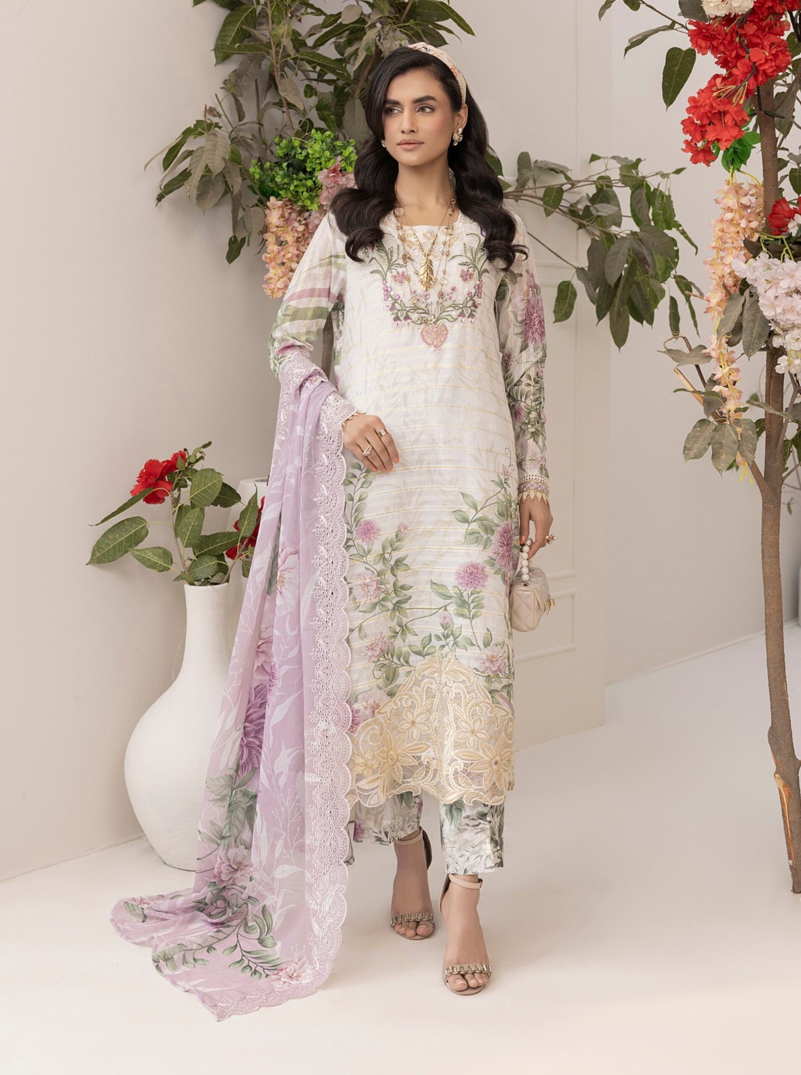 Adan's Libas Zalea Cuvic Jauguard "White" Stitched Dress | 3 Pcs.