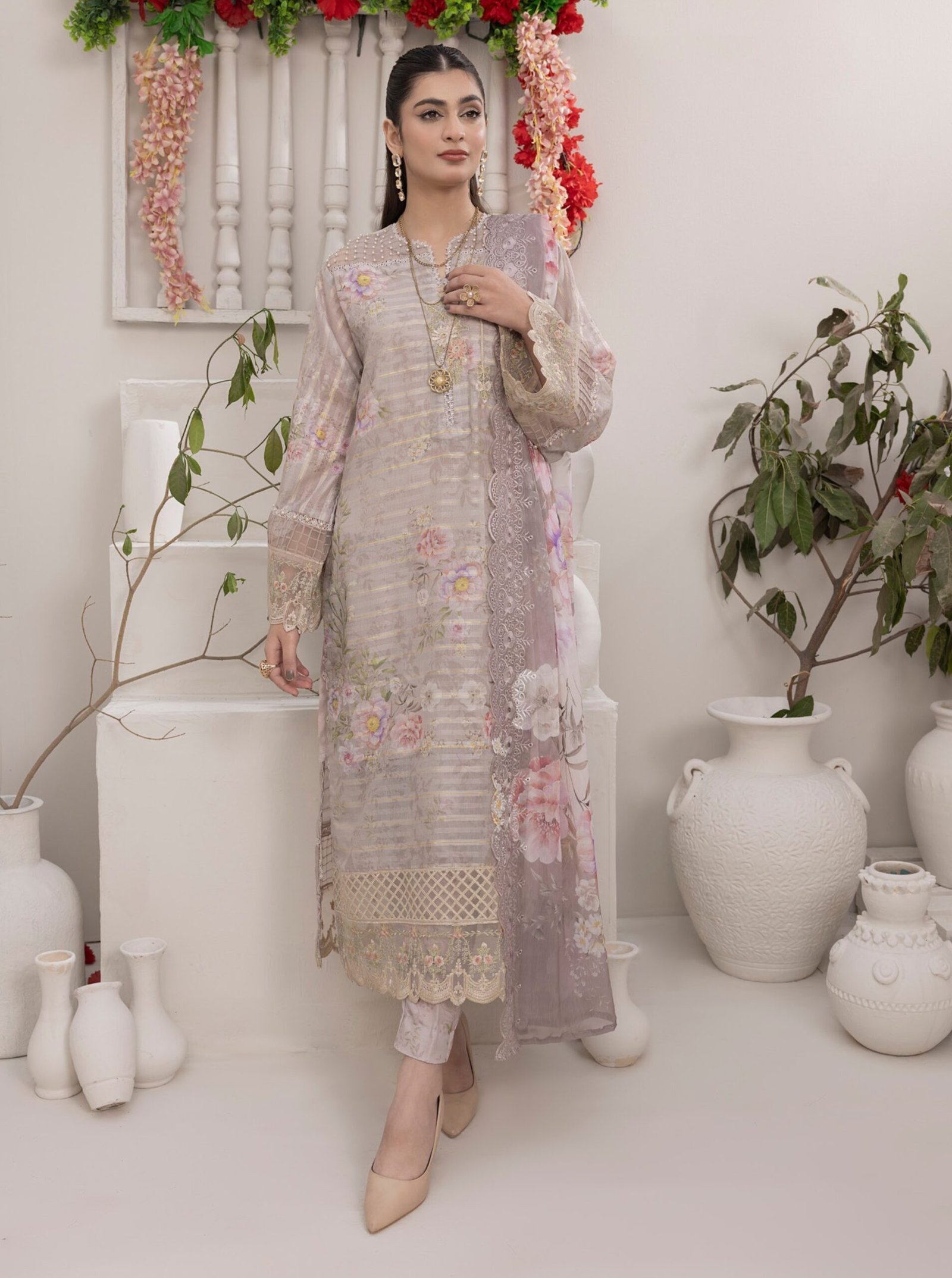 Adan's Libas Zalea Cuvic Jauguard Stitched Dress "Light Brown" | 3 Pcs.