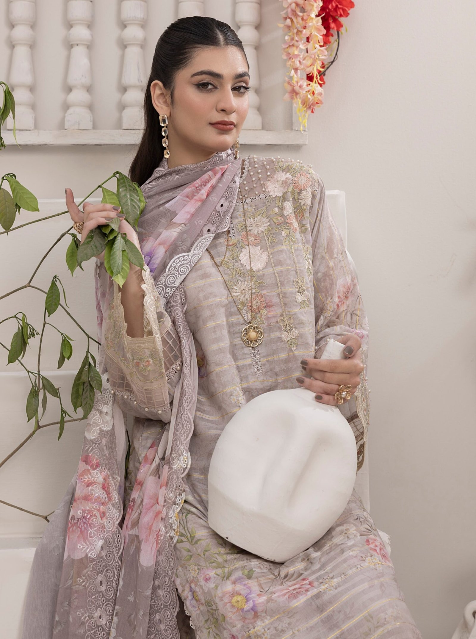 Adan's Libas Zalea Cuvic Jauguard Stitched Dress "Light Brown" | 3 Pcs. - Image 3