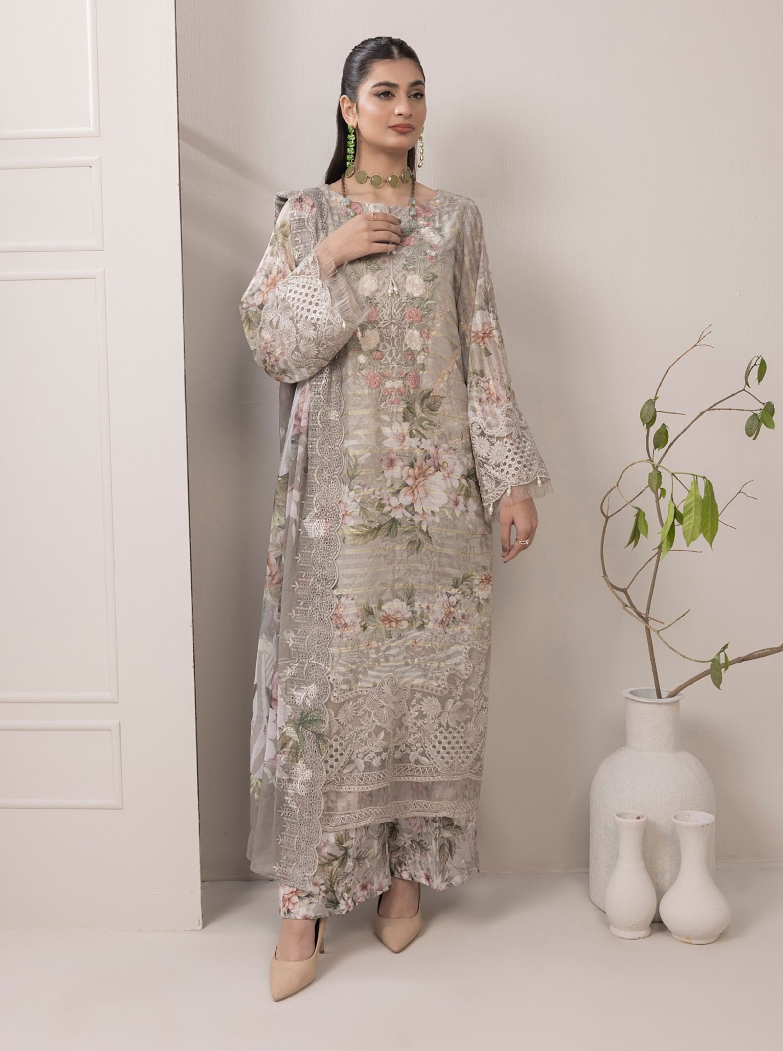 Adan's Libas Zalea Cuvic Jauguard "Grey" Stitched Dress | 3 Pcs.