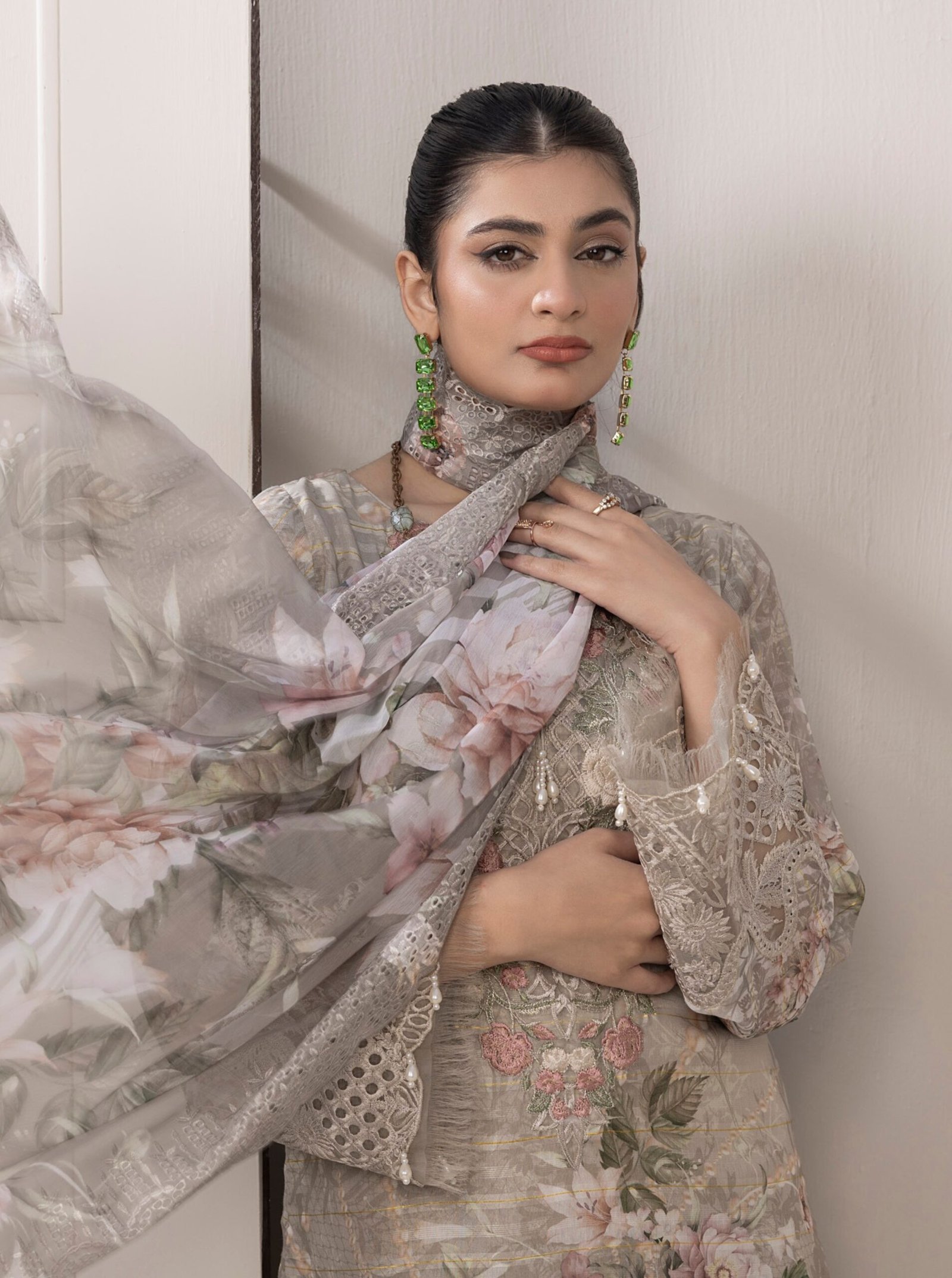 Adan's Libas Zalea Cuvic Jauguard "Grey" Stitched Dress | 3 Pcs. - Image 3