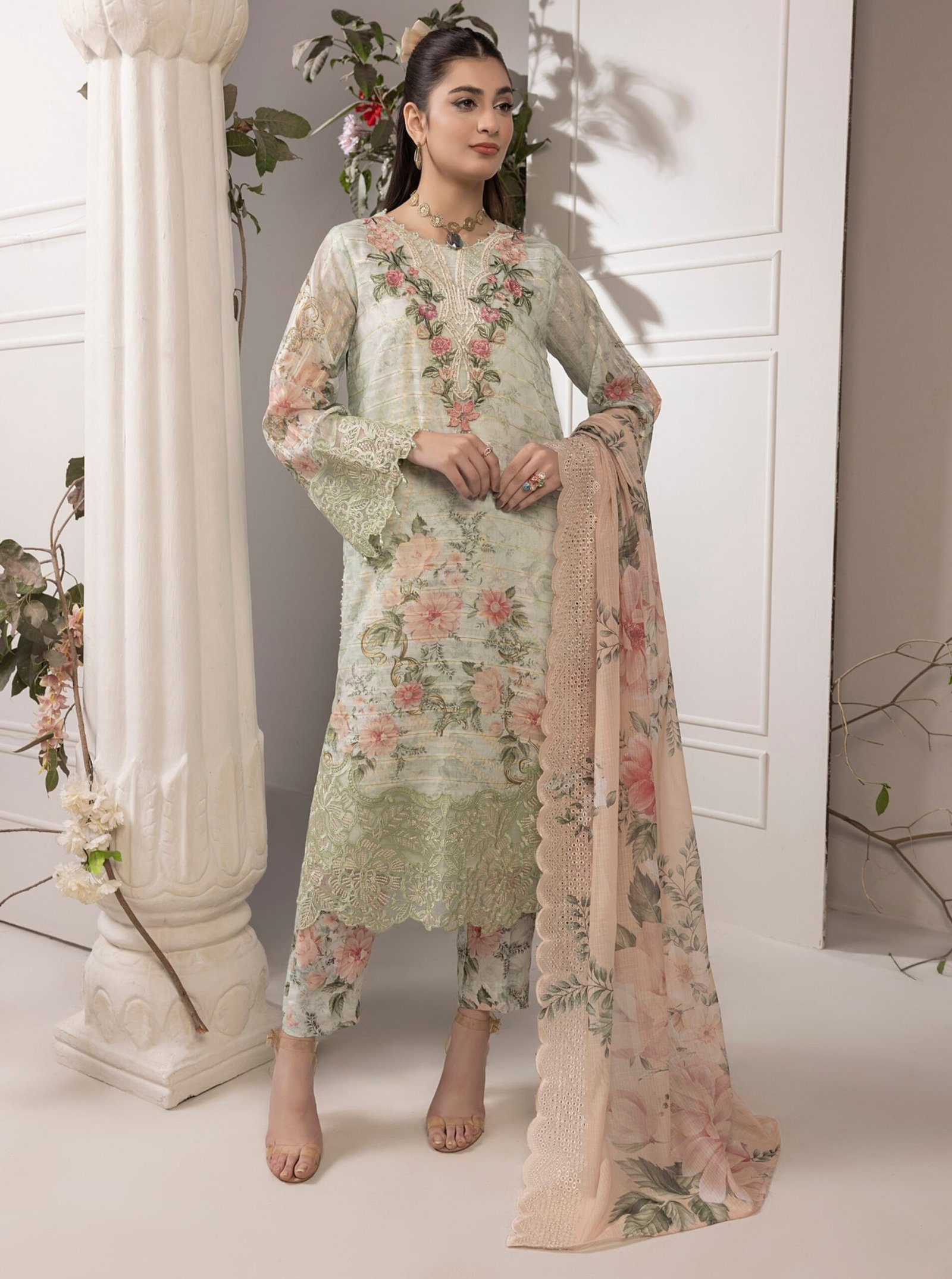 Adan's Libas Zalea Cuvic Jauguard Stitched Dress "Green" | 3 Pcs.