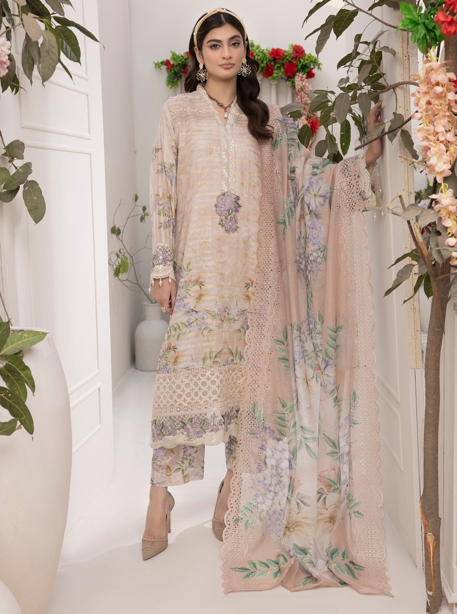 Adan's Libas Zalea Cuvic Jauguard "Pink" Stitched Dress | 3 Pcs.