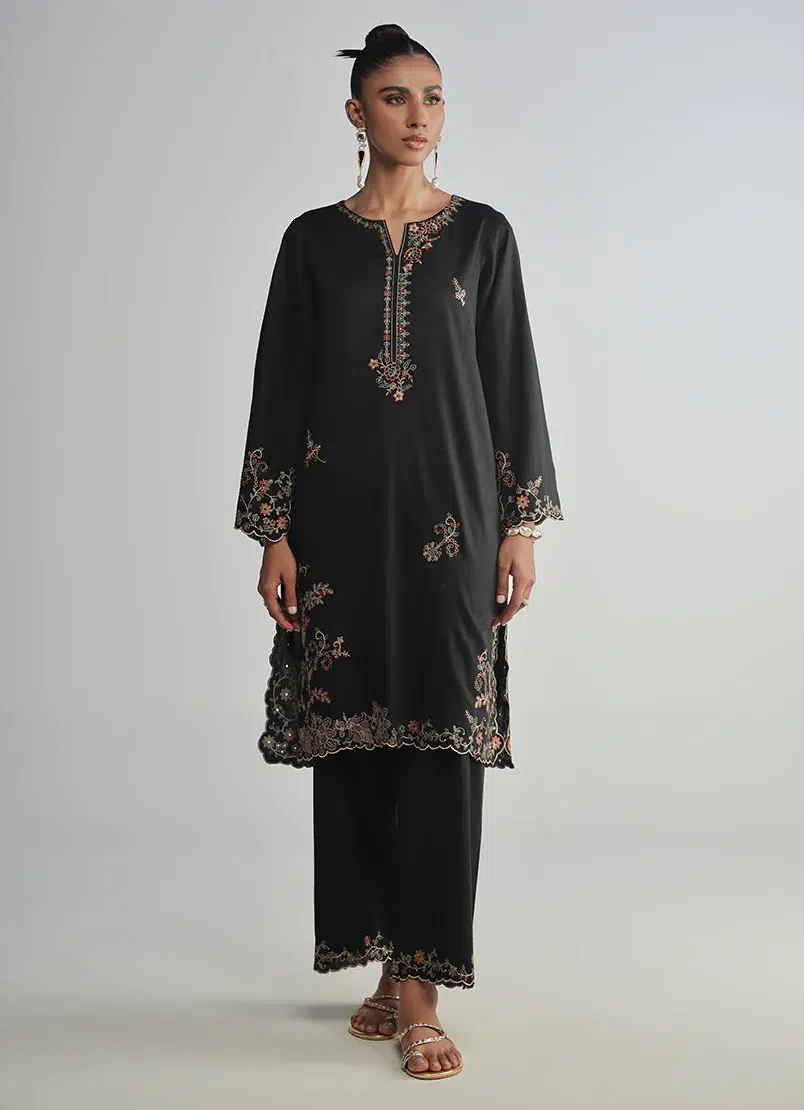 Image Legends of Fall'24 Embroidered Co-ord Set Cotton Satin | Black | 2 pc.