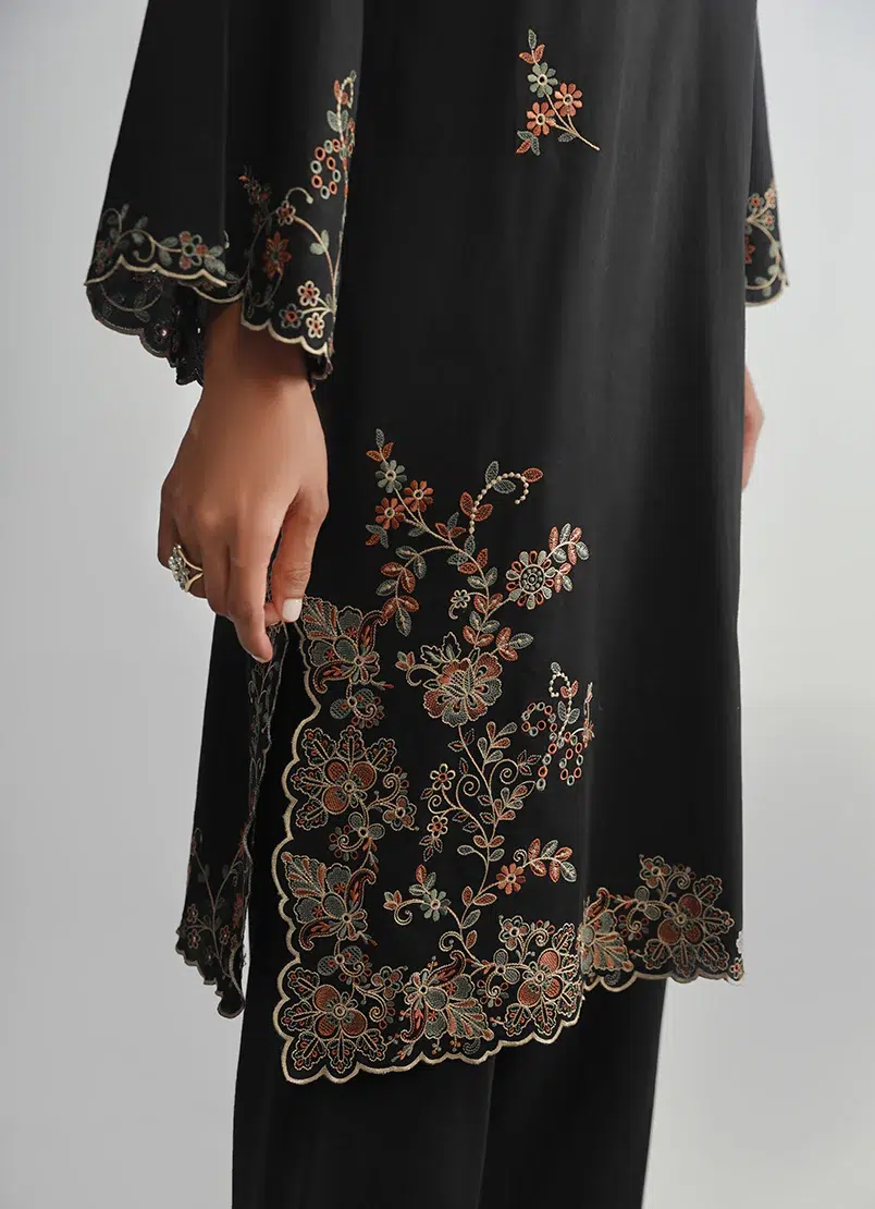 Image Legends of Fall'24 Embroidered Co-ord Set Cotton Satin | Black | 2 pc. - Image 2