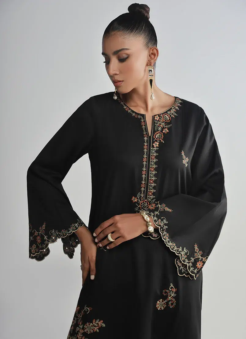 Image Legends of Fall'24 Embroidered Co-ord Set Cotton Satin | Black | 2 pc. - Image 3