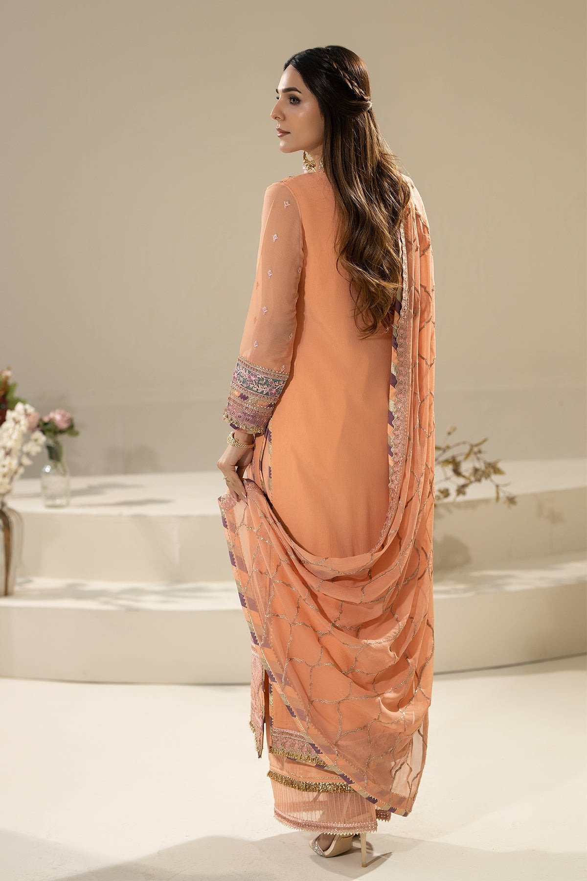 Imrozia Nicha Luxury Chiffon Edit 25 Zimal Stitched Dress "Peach" 3 pc. - Image 4