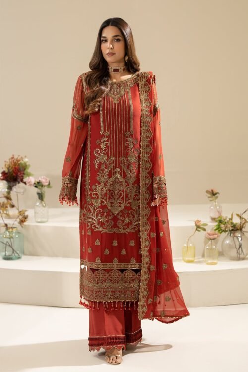 Imrozia Nicha Luxury Chiffon Edit 25 'Rust Orange' Areesha Stitched Dress 3 pc