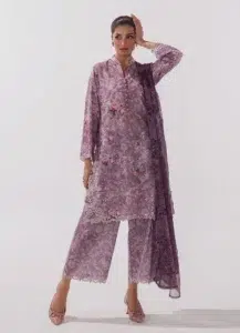 Image Spring Basics 25 Collection Embroidered Printed Suits Cotton and Chiffon "Purple" Stitched 3 Pc |