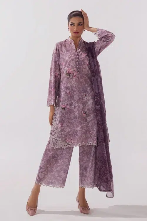 Image Spring Basics 25 Collection Embroidered Printed Suits Cotton and Chiffon "Purple" Stitched 3 Pc |