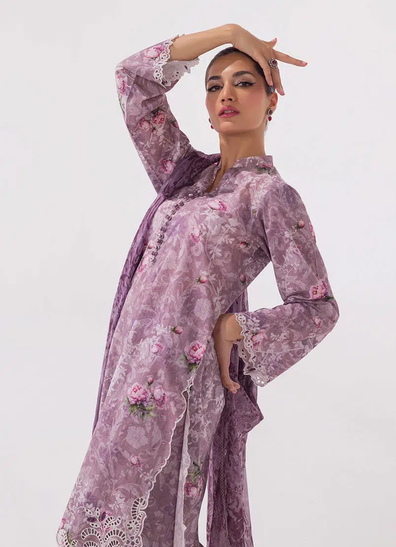 Image Spring Basics 25 Collection Embroidered Printed Suits Cotton and Chiffon "Purple" Stitched 3 Pc | - Image 3