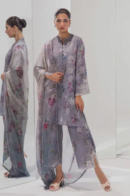 Image Spring Basics 25 Collection Embroidered Printed Suits Chiffon and Cotton "Grey" Stitched 3 Pc.