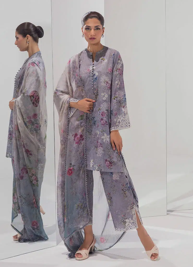 Image Spring Basics 25 Collection Embroidered Printed Suits Chiffon and Cotton "Grey" Stitched 3 Pc.
