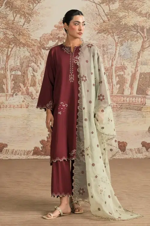 Image Spring Pret 25 Cotton Satin Luxury Embroidered Suit | Wine | 3 pc.