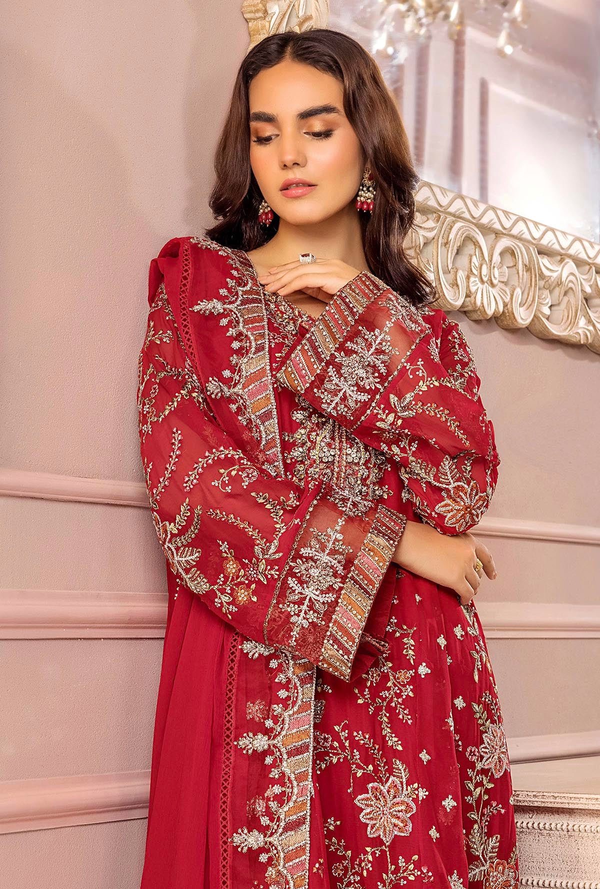 Adan's Libas Ronak-E-Mehal 014 'Red' Chiffon Stitched | 3 Pcs. - Image 3