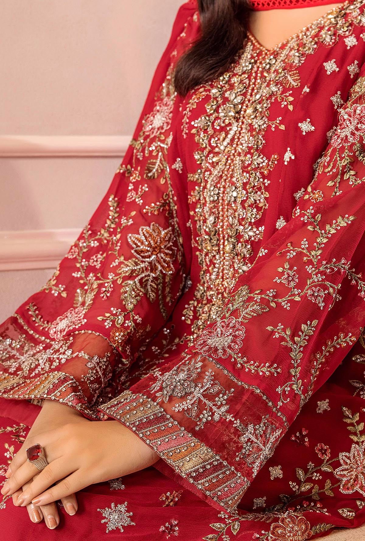 Adan's Libas Ronak-E-Mehal 014 'Red' Chiffon Stitched | 3 Pcs. - Image 4