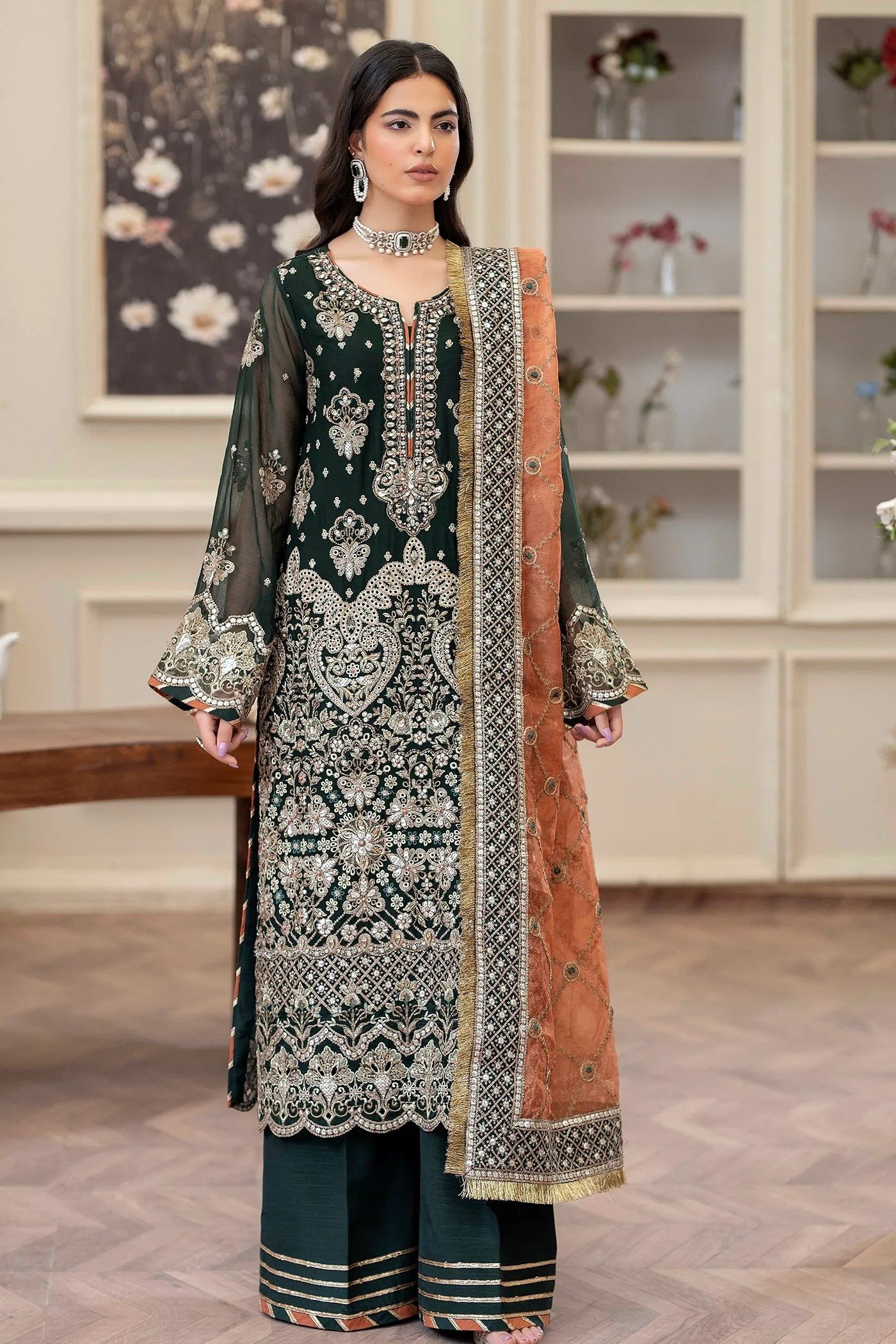 Adan's Libas Saleeqa Chiffon-03 "Bottle Green" Stitched Wedding Collection