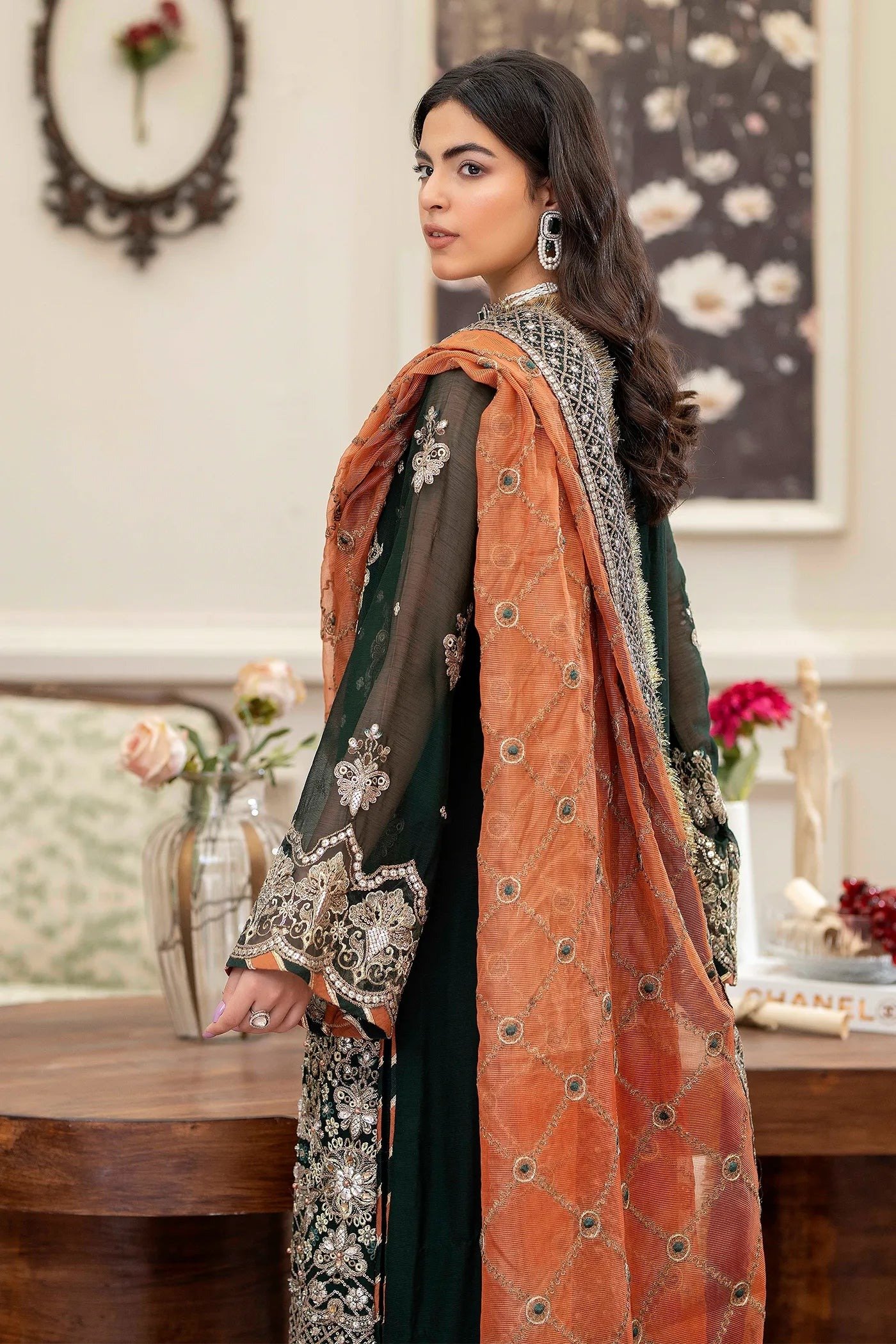 Adan's Libas Saleeqa Chiffon-03 "Bottle Green" Stitched Wedding Collection | 3 Pcs - Image 2