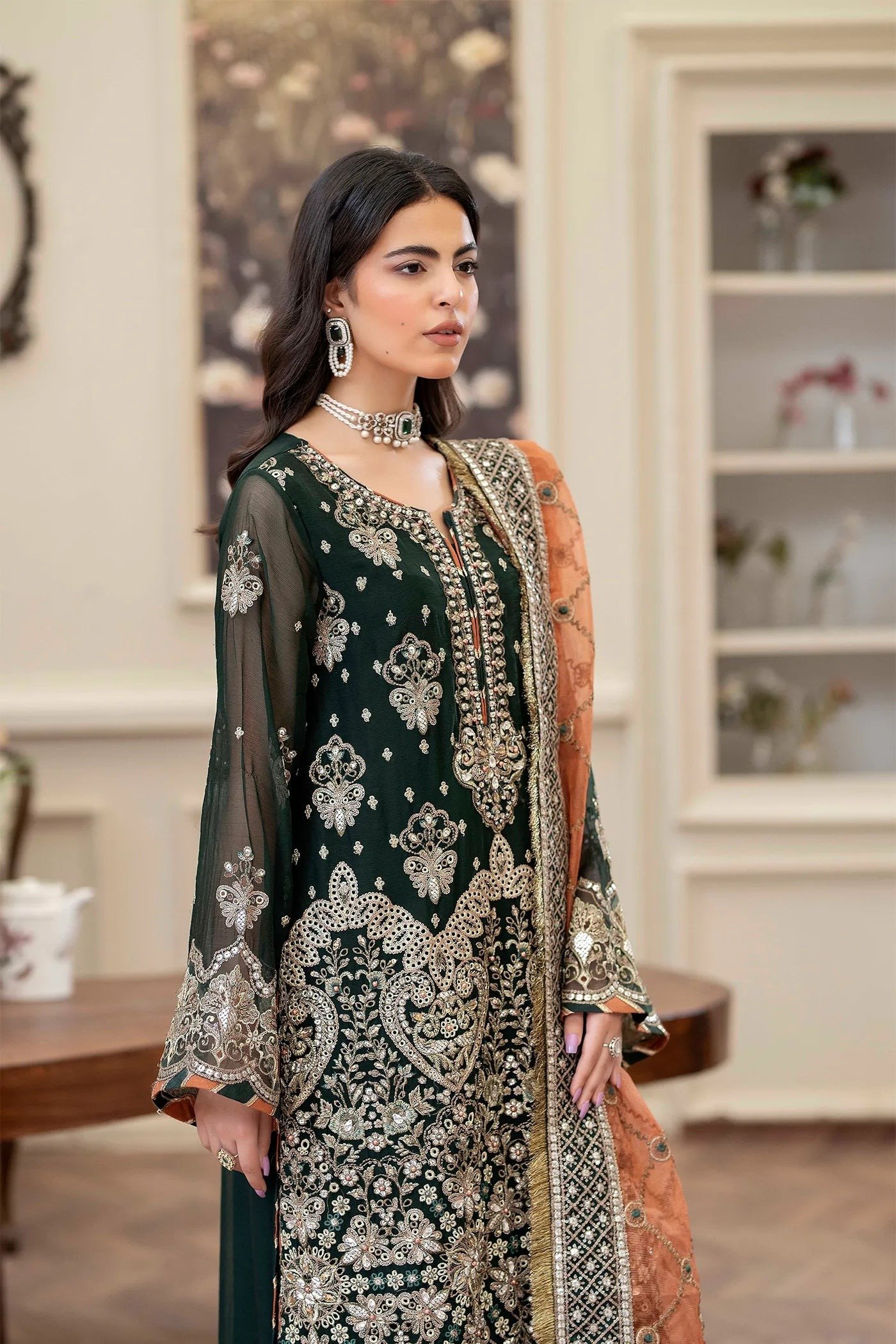 Adan's Libas Saleeqa Chiffon-03 "Bottle Green" Stitched Wedding Collection | 3 Pcs - Image 3
