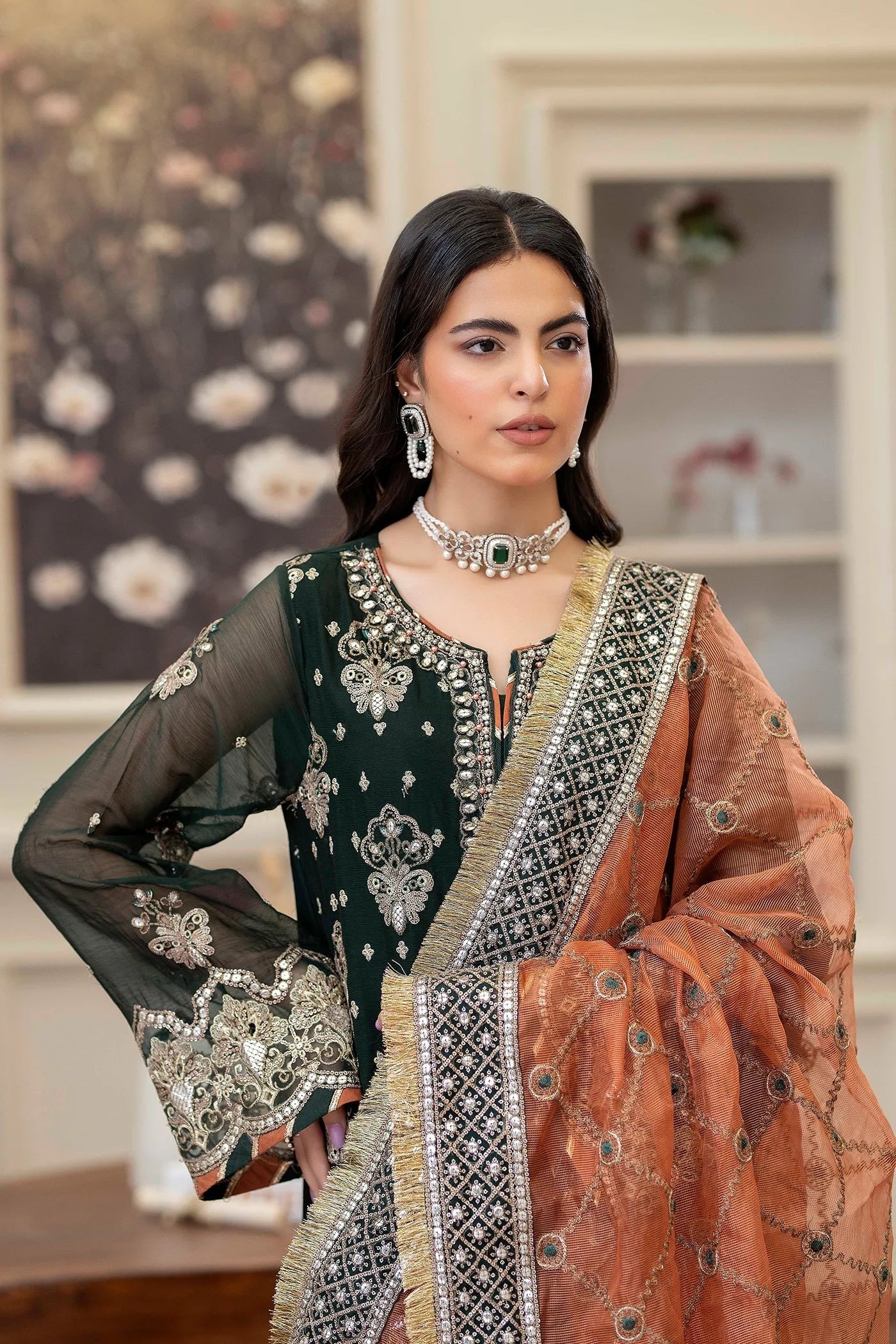 Adan's Libas Saleeqa Chiffon-03 "Bottle Green" Stitched Wedding Collection | 3 Pcs - Image 4