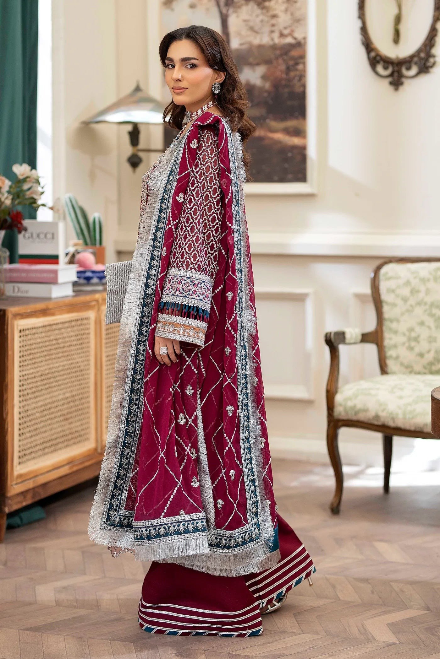 Adan's Libas Saleeqa Chiffon-04 "Wine" Stitched Wedding Collection | 3 Pcs - Image 2