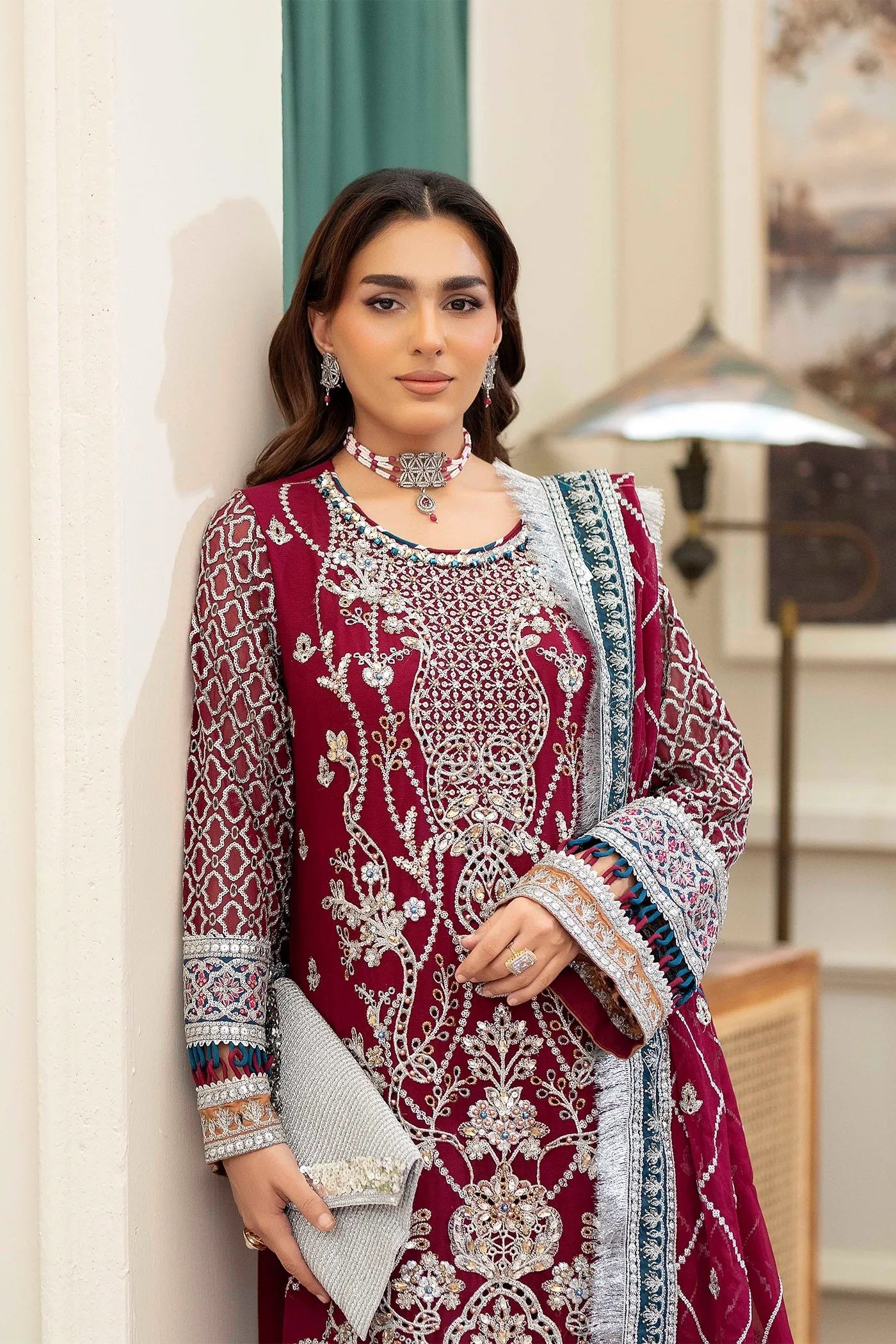 Adan's Libas Saleeqa Chiffon-04 "Wine" Stitched Wedding Collection | 3 Pcs - Image 4