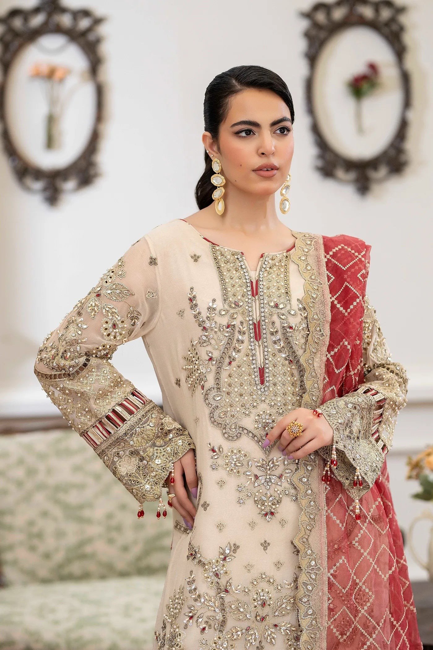 Adan's Libas Saleeqa Chiffon-02 "Cream" Stitched Wedding Collection | 3 Pcs - Image 2