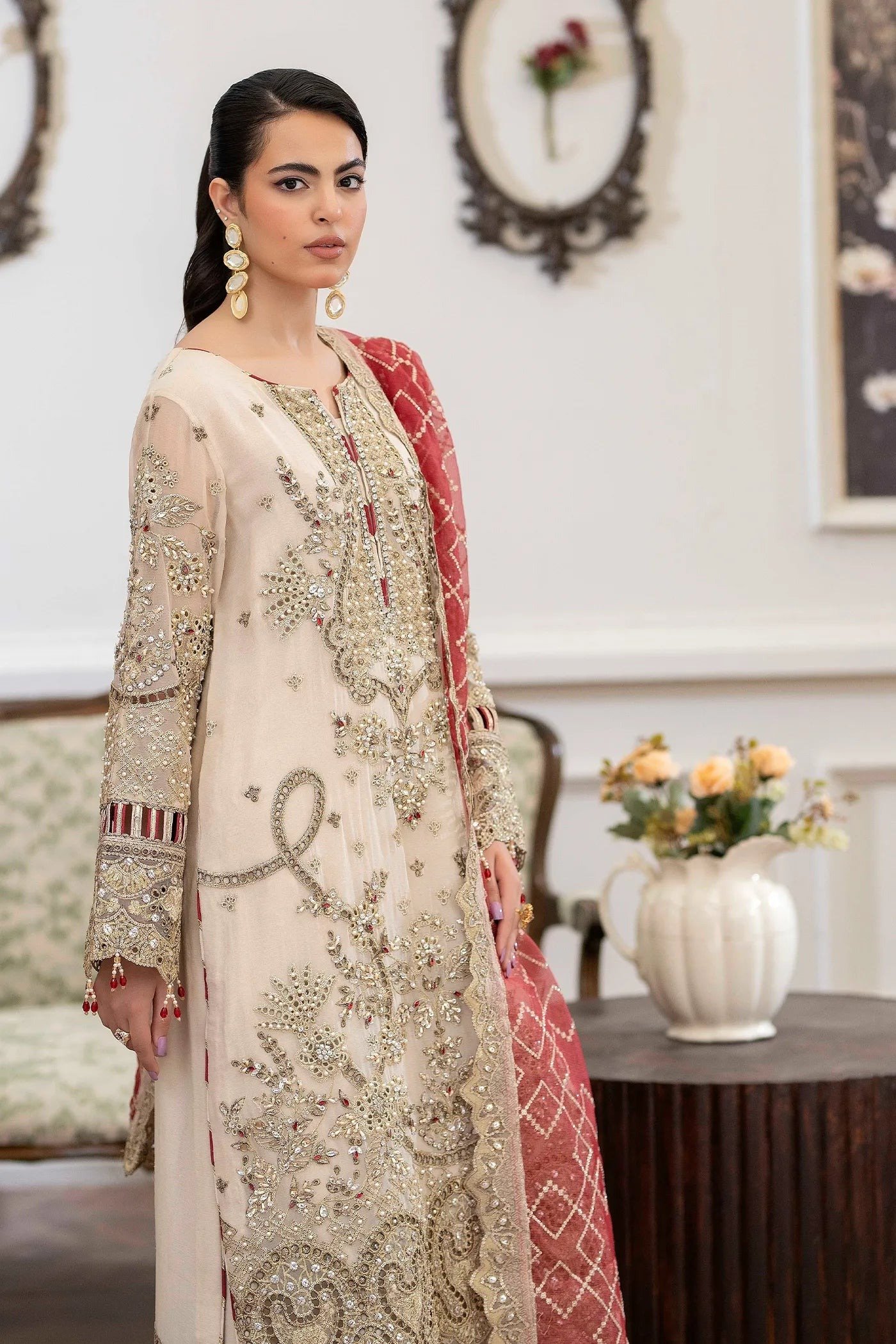 Adan's Libas Saleeqa Chiffon-02 "Cream" Stitched Wedding Collection | 3 Pcs - Image 3