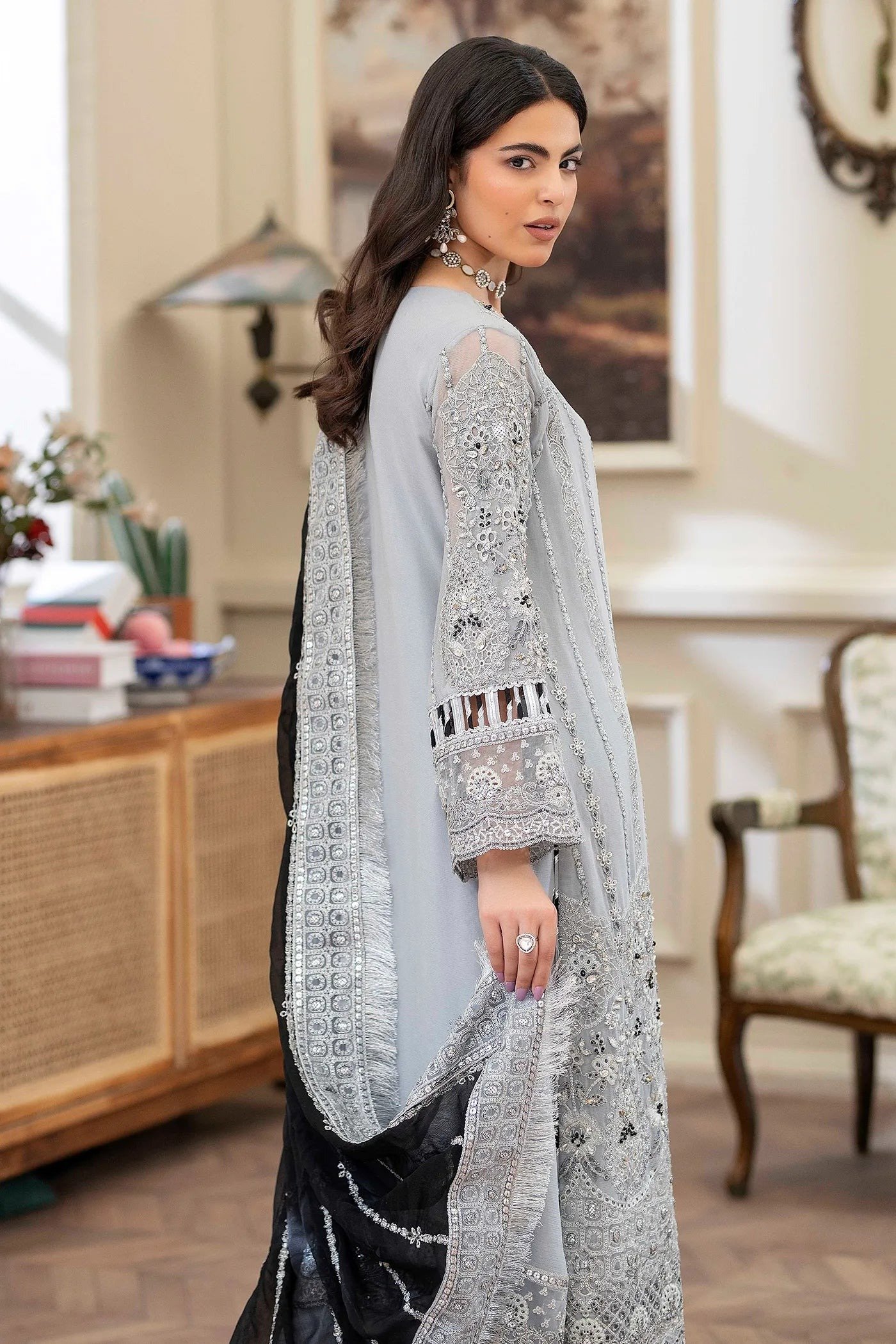 Adan's Libas Saleeqa Chiffon Vol-2 "Grey" Stitched Wedding Collection | 3 Pc - Image 2