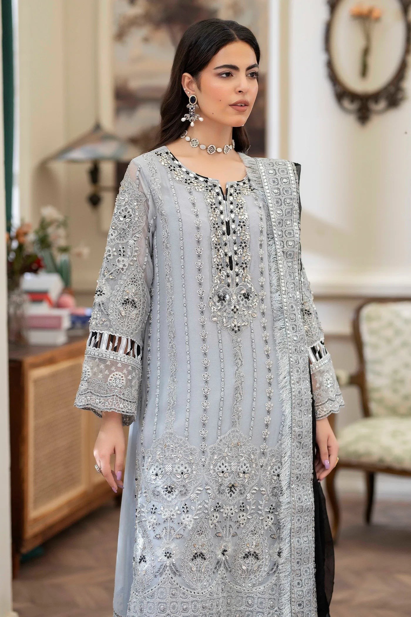 Adan's Libas Saleeqa Chiffon Vol-2 "Grey" Stitched Wedding Collection | 3 Pc - Image 4