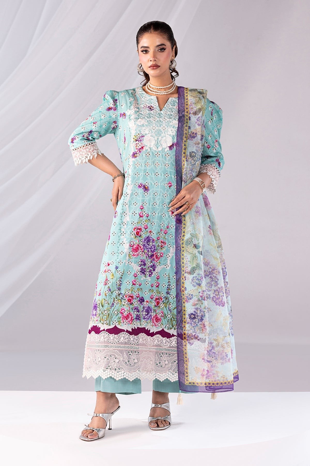 Imrozia Serene Noor Lawn'25 Layaan - 'Firozi' Stitched 3 Piece Suit