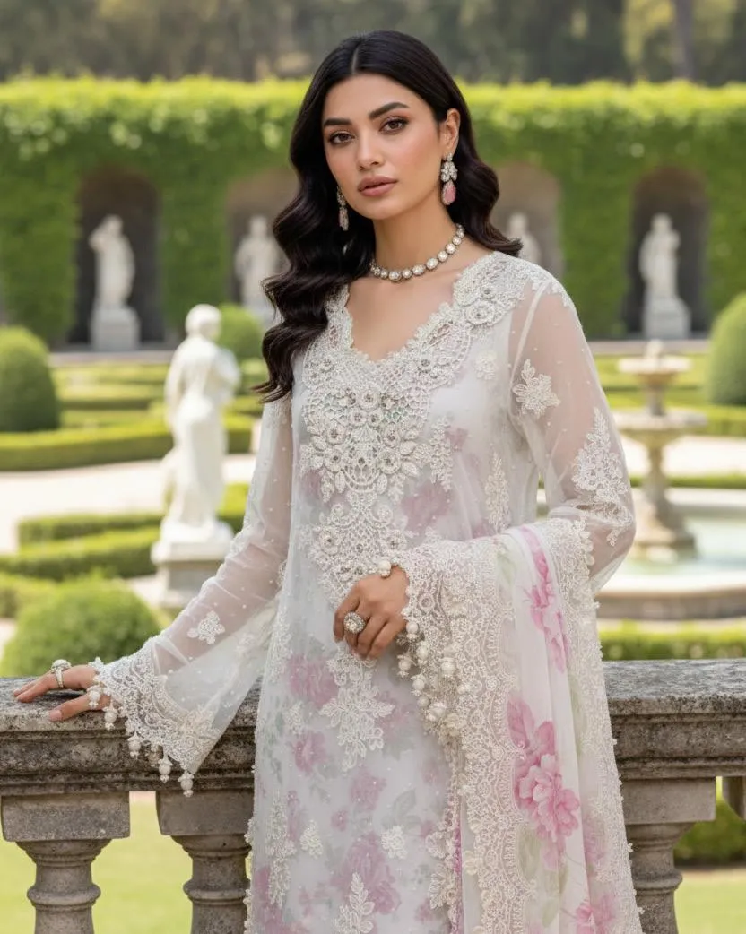 Adan's Libas | Ronak-e-Mehal'2 Semi-Stitched Wedding Collection White, Multicolor D01 | 3 Pcs - Image 2