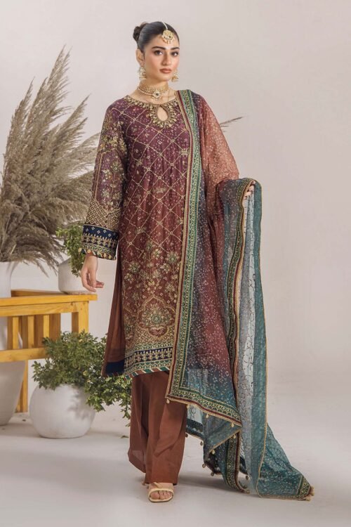 Adan's Libas | Inova Stitched Embroidered D03 Chiffon "Brown & Multicolor" | 3 Pcs